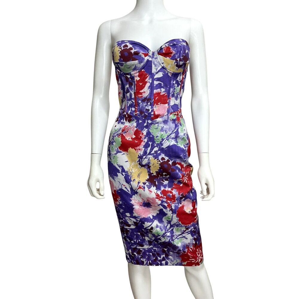 Lavish Alice Women's Corset Dress sz 4 Floral Satin Strapless Coquette Ribcage